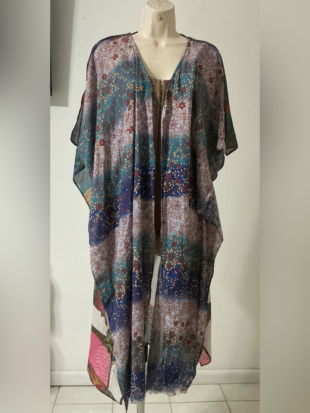 Boho Bird Print Open Front Kimono Duster Metallic Stripe One Size